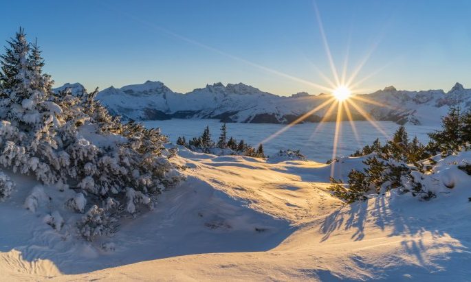 paysage enneigé avec un couchée de soleil